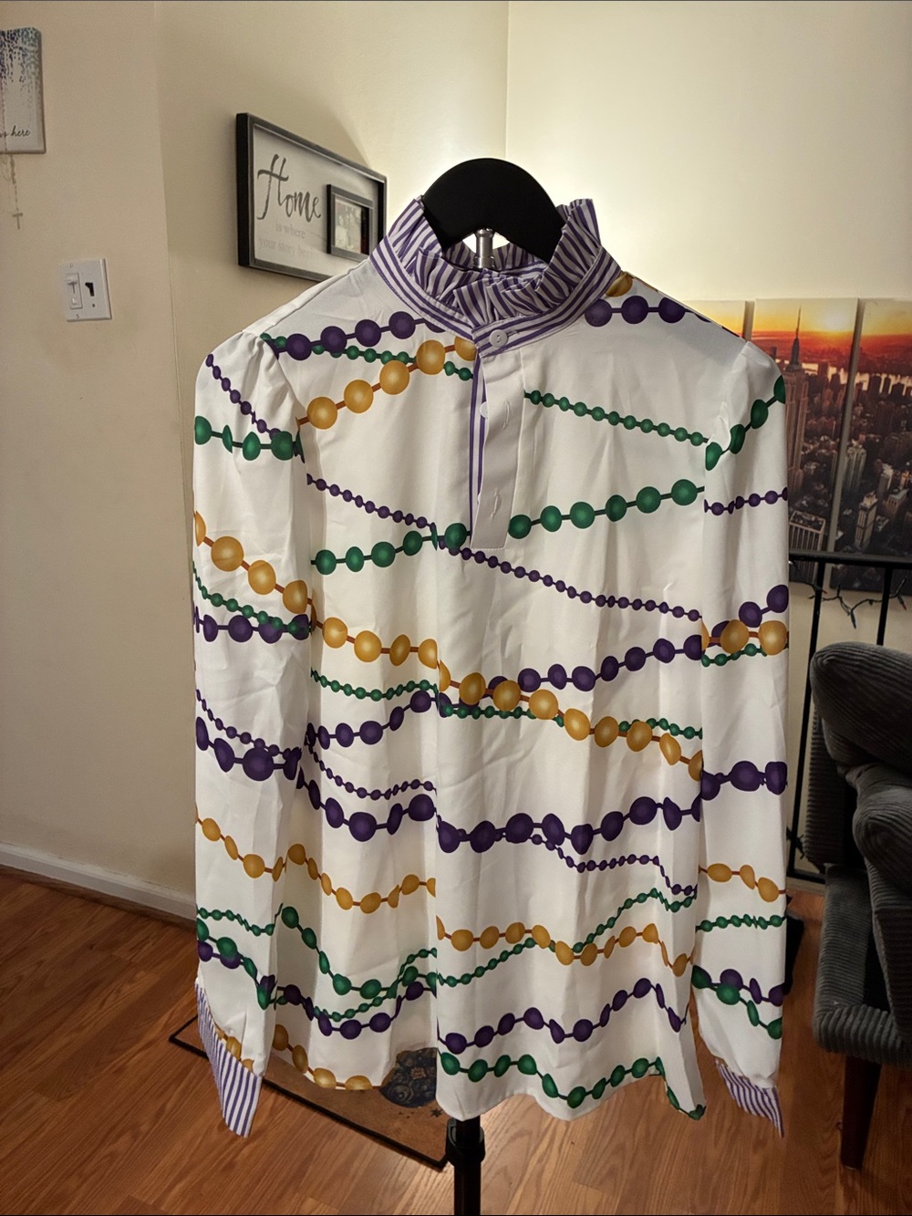 White Button-Up Blouse with Green, Purple & Gold Bead Print